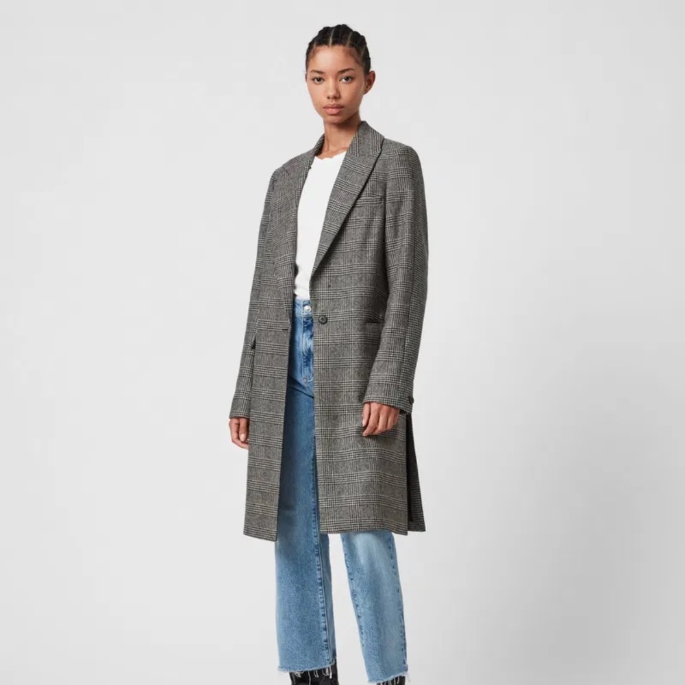 NWOT All Saints Tamia Wool Blend Checked Duster Coat (Black/White)